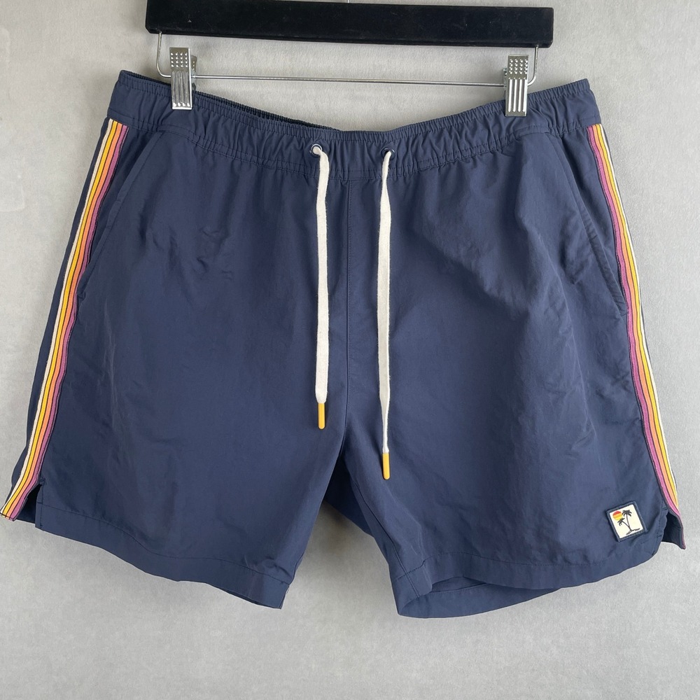 Marine Layer Mens Navy Rainbow Stripe Swim Trunks Palm Tree Patch L Surf Travel